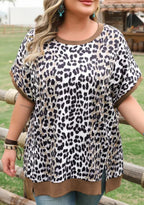 Khaki Leopard Contrast Trim Short Sleeve Top|3011