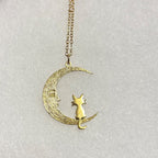 Sweet Kitty Sitting On A Crescent Moon-Gold Tone-18” Tarnish Resistant Stainless Steel Chain|3988