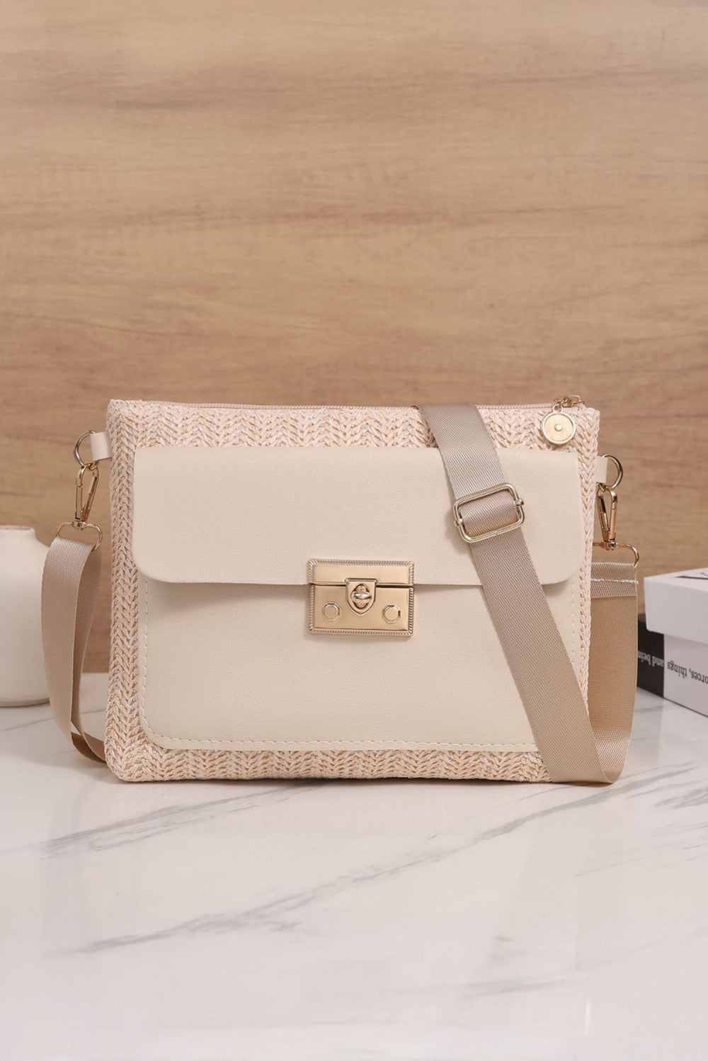 Beige Faux Leather Woven Straw Shoulder Bag|2280
