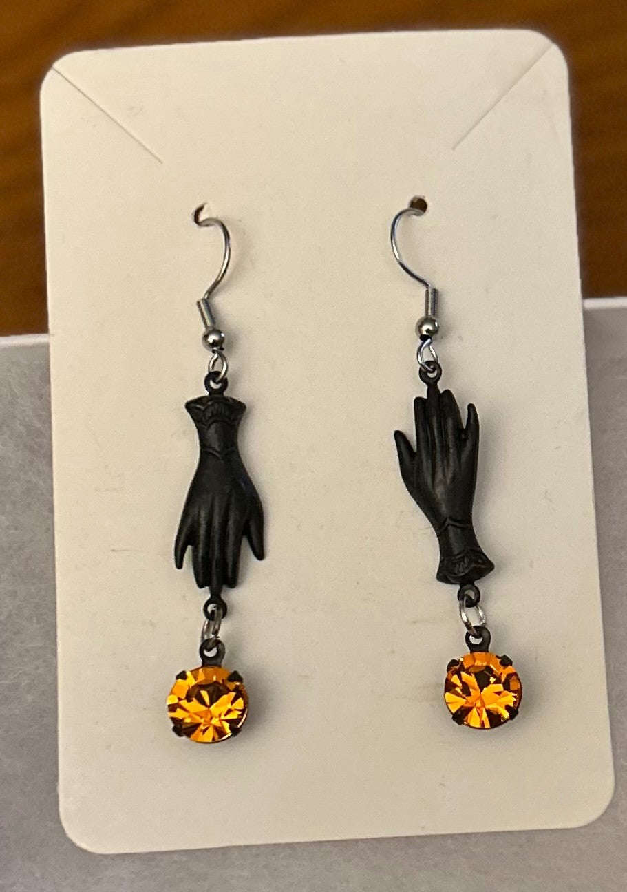 Vintage Inspired Black Victorian Gloves And Orange Sun Rhinestone Earrings ~ Hypoallergenic & Nickel Free|949
