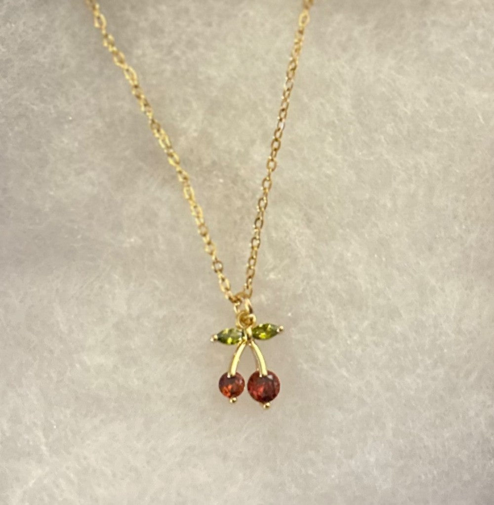 Sweet Cherries Necklace~18” Gold Tone Tarnish Resistant Stainless Steel Chain|1533