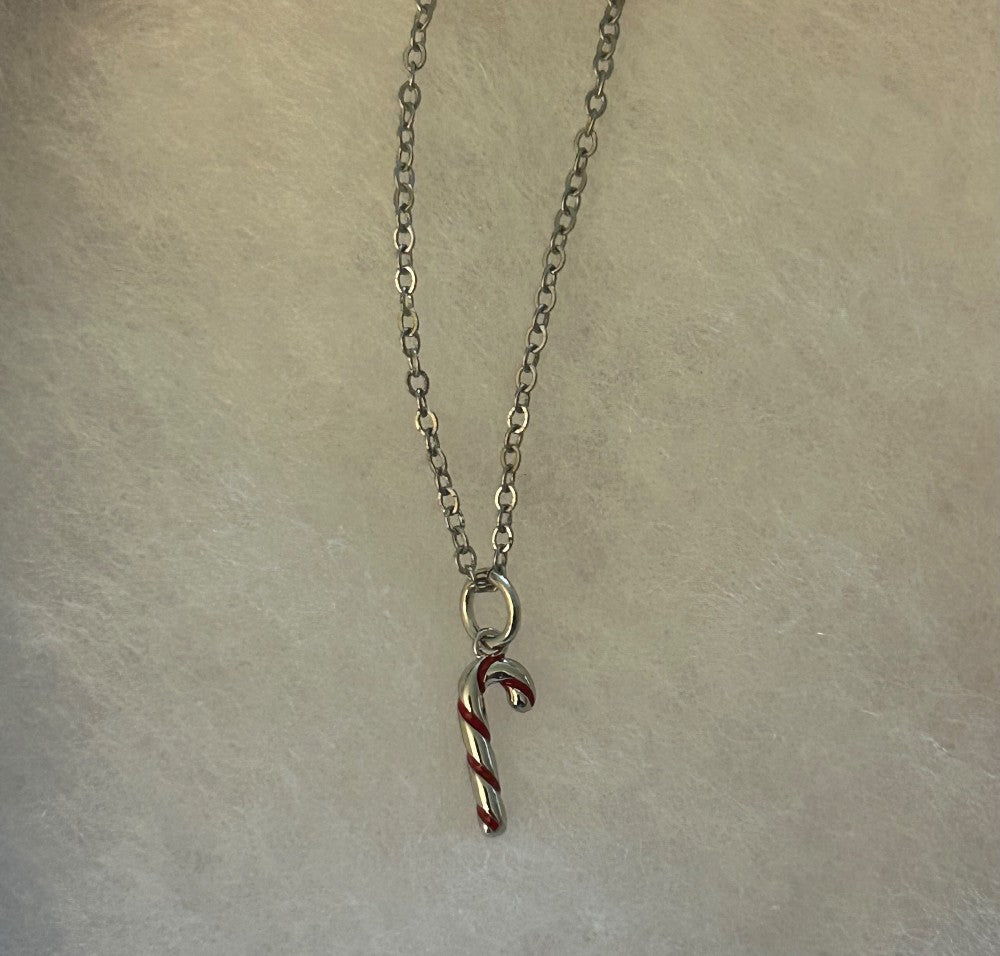 Tiny Candy Cane Necklace ~Silver Tone~ 18”~ Tarnish Resistant Stainless Steel Chain|1551