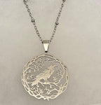 Round Ornate Raven Pendant Necklace-20” Tarnish Resistant Stainless Steel Chain|3992