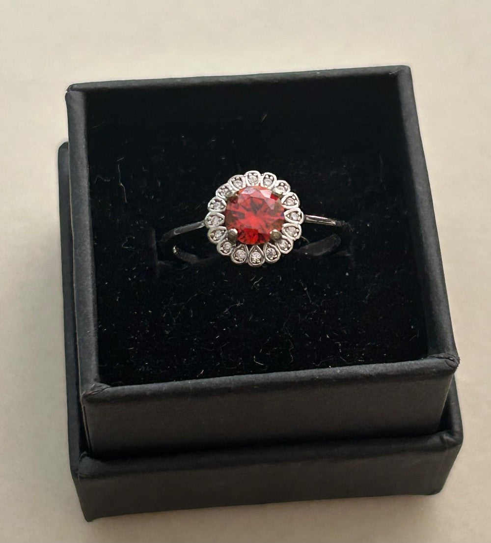 Sterling Silver Flower Ring With A Garnet Stone Center ~ Adjustable Sterling Silver Setting|913