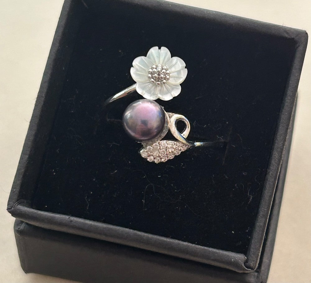 Floral Shell Ring ~ Sterling Silver setting ~ A Flower Made Of Shell ~ A Freshwater Pearl ~ A Leaf Filled With Tiny CZ Stones|905