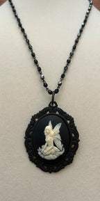 Seated Fairy Cameo Pendant/Brooch with a 22” Jet Black Beaded Chain of faceted beads|879