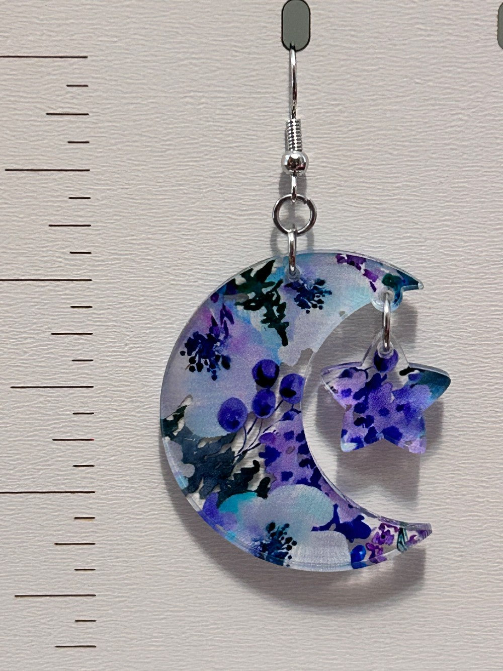 Unique Blue and Purple Floral Moon and Stars Earrings-Hypoallergenic and Nickel Free|3776
