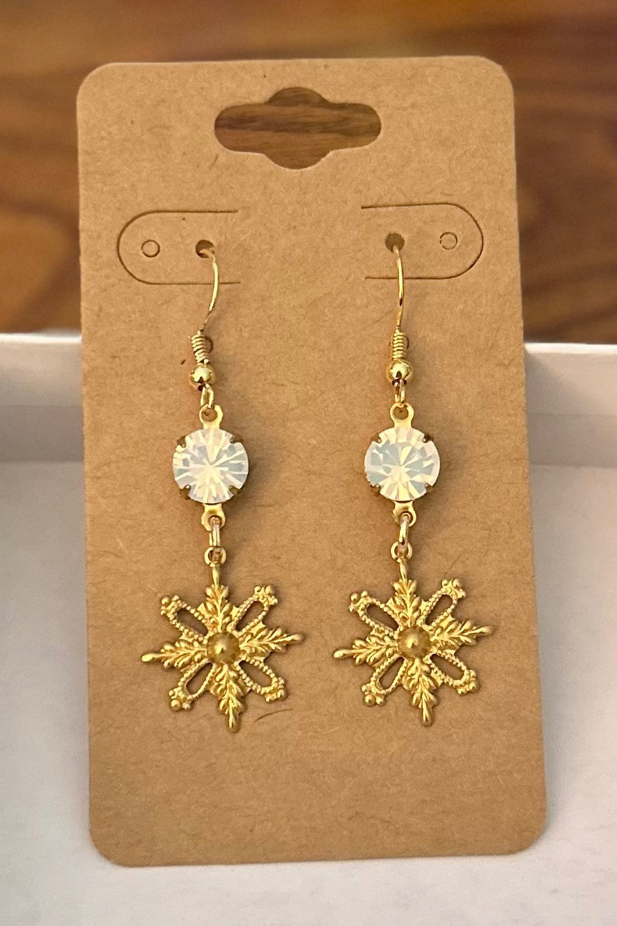 Vintage Inspired Gold Tone Snowflake Earrings With Opal White Faceted Stones~Hypoallergenic & Nickel Free|958
