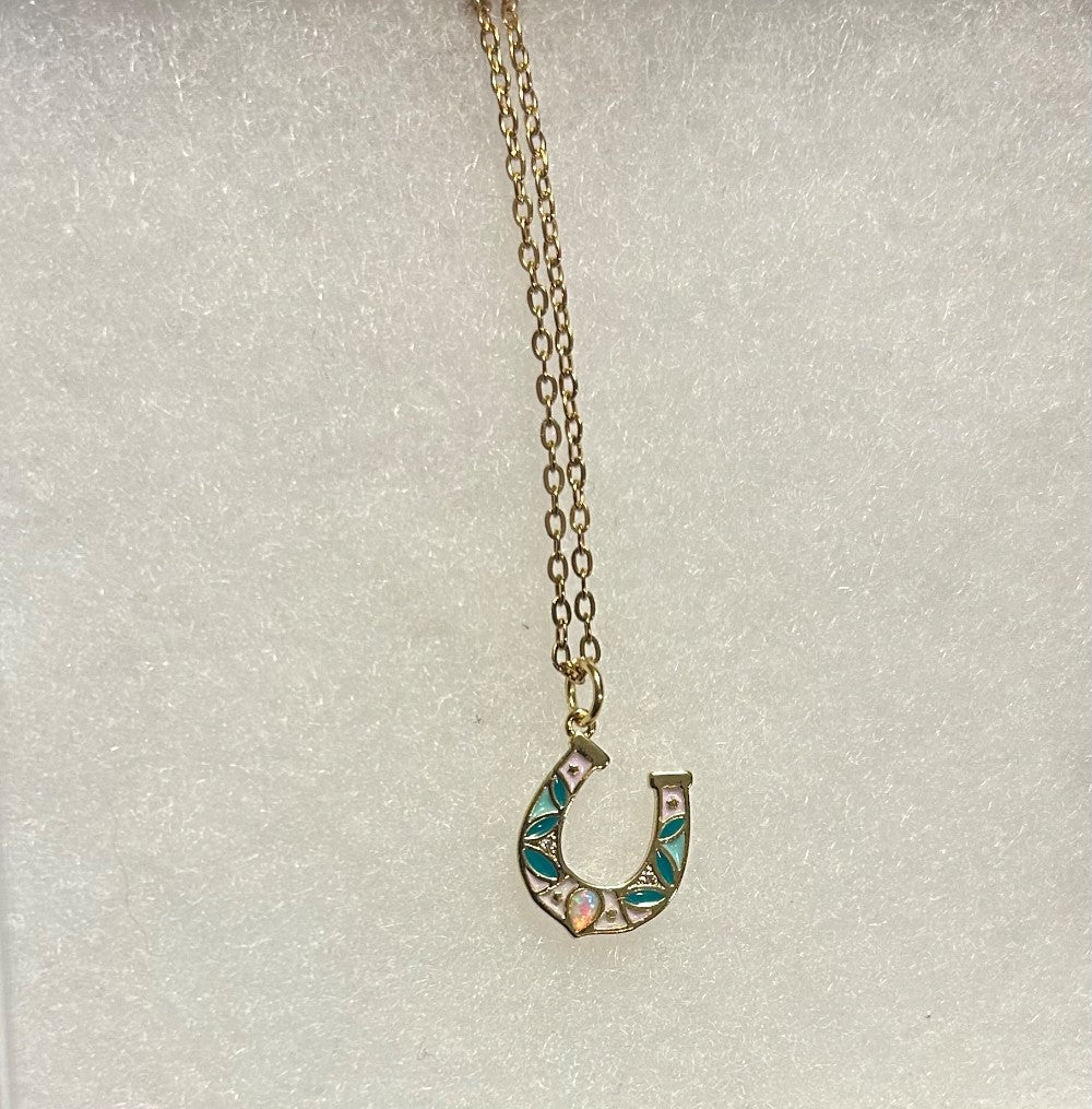 Delicate Ornate Horse Shoe Pendant Necklace-Tiny Opal and Epoxy Detailing-18” Tarnish Resistant Chain|3869