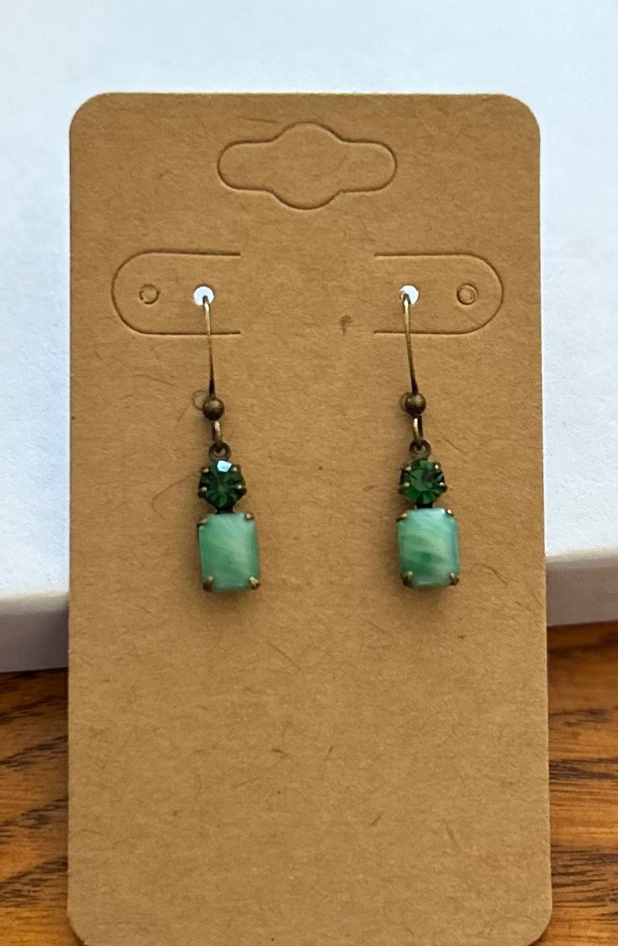 Vintage Stone Earrings with Green Tourmaline Rhinestones and  Marbled Jade Green Octagon Stones~ Hypoallergenic and Nickel Free|1344