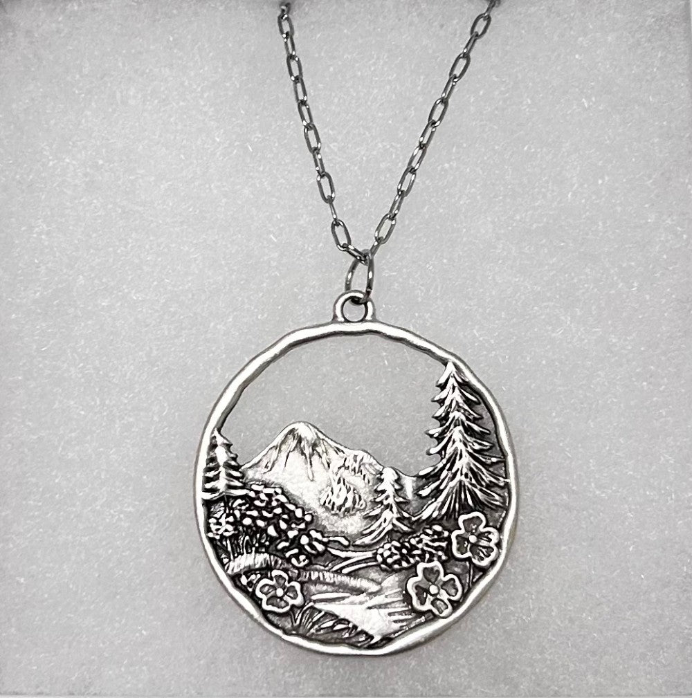 Mountain Scene Pendant Necklace with 18” Stainless Steel Pendant Necklace|3341