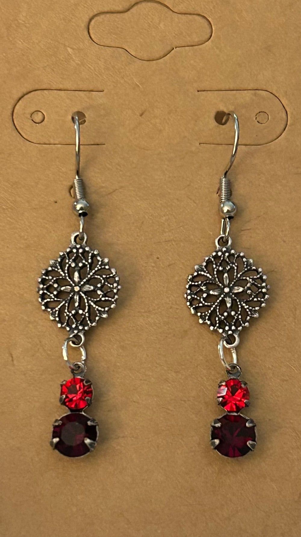 Vintage Floral Filigree Earrings With Red Double Drops|924