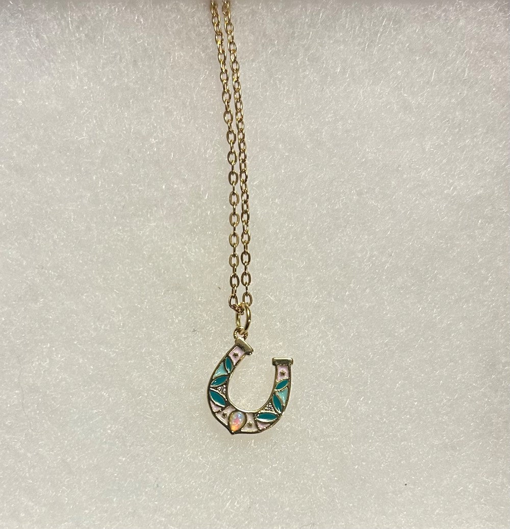 Delicate Ornate Horse Shoe Pendant Necklace-Tiny Opal and Epoxy Detailing-18” Tarnish Resistant Chain|3867