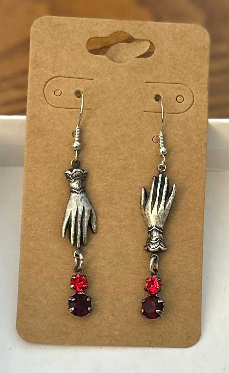 Vintage Inspired Victorian Glove Earrings ~ Siam and Ruby Red Drops ~ Antique Silver Tone~ Hypoallergenic & Nickel Free|976