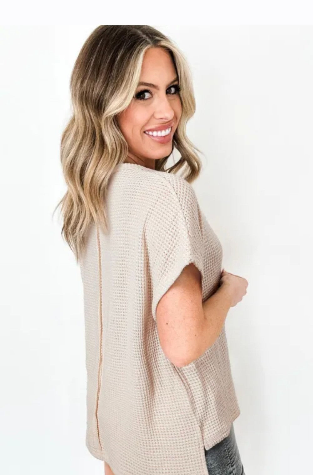 Khaki Textured Seamed  Top|3040