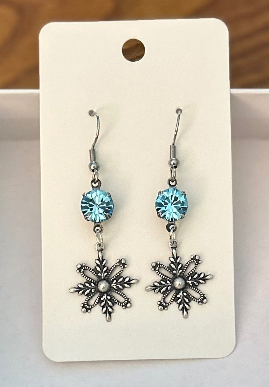 Vintage Inspired Antique Silver Tone Snowflake Earrings With Aquamarine Faceted Stones~Hypoallergenic & Nickel Free|957