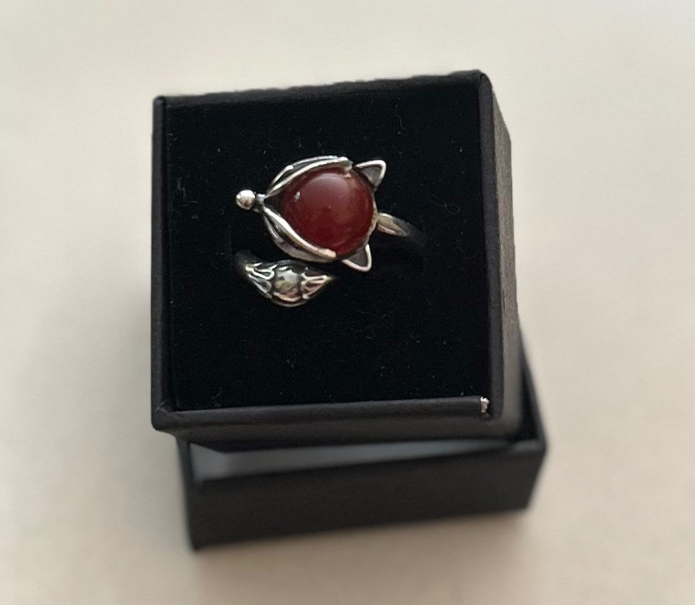 Sterling Silver Fox Ring Set With A Carnelian Natural Stone ~ Adjustable|894