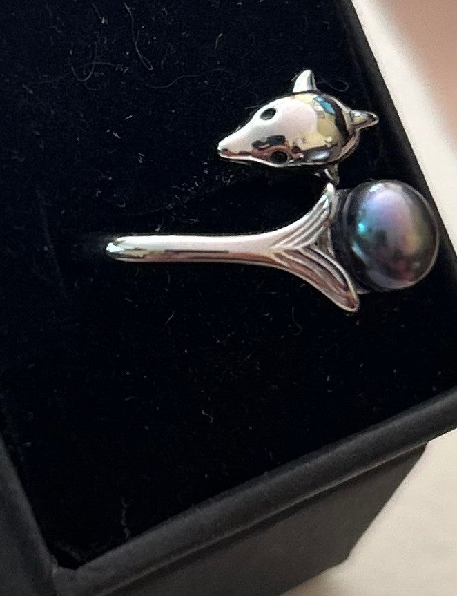Dolphin Ring with a Freshwater Pearl ~ Adjustable Sterling Silver Setting|896