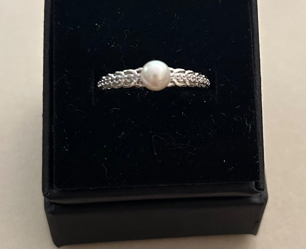 Vintage Inspired Dainty Sterling Silver Ring with Tiny CZ Stones and a Mother Of Pearl Bead~ Adjustable|891