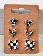 Black and White on The Farm Themed Stud Earring Three Pack|3643