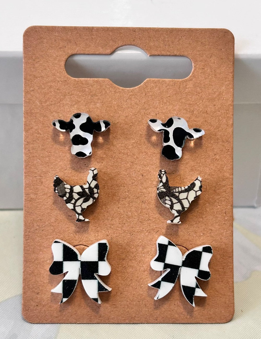Black and White on The Farm Themed Stud Earring Three Pack|3643