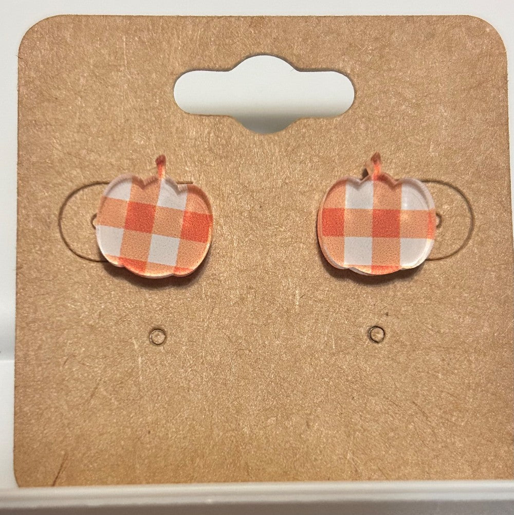 Orange Gingham Pumpkin Stud Earrings-Hypoallergenic and Nickel Free|3910
