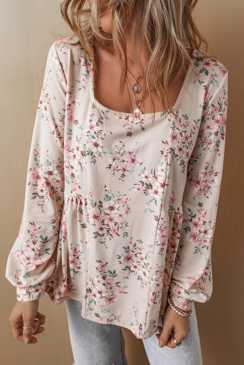 Pink Floral Pleated Blouse|2095