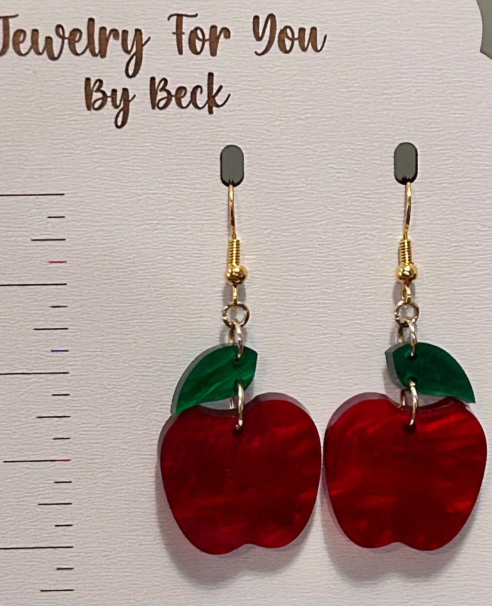 Marbled Red Apple and Leaf Earrings -Hypoallergenic and Nickel Free|3830
