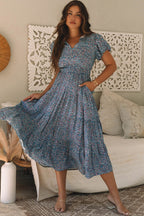Blue V Neck Shirred Maxi Dress|2213