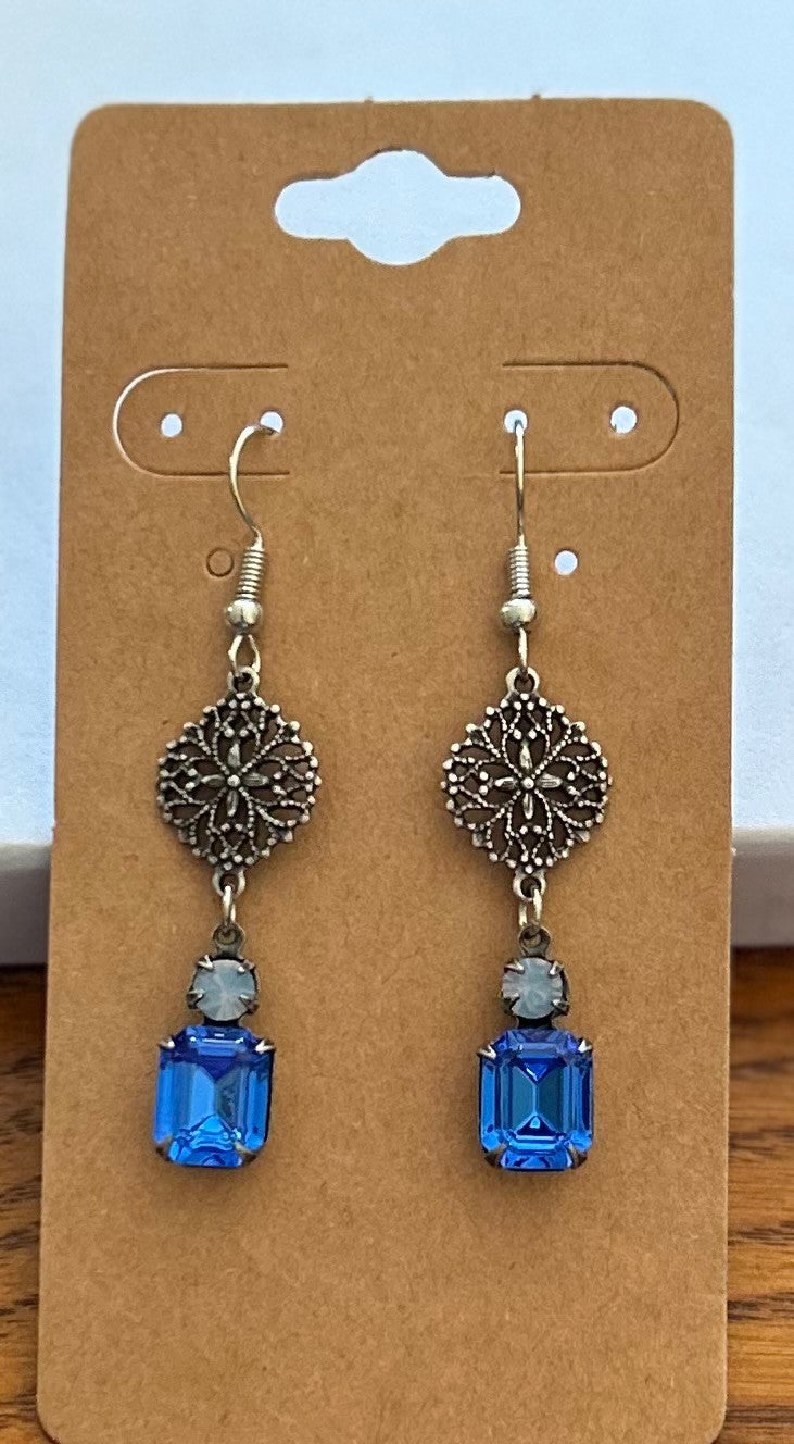 Vintage Austrian Sapphire Blue and Opal Rhinestone  Double Drop Earrings with Ornate floral Filigree Connectors~Hypoallergenic and Nickel Free|1339