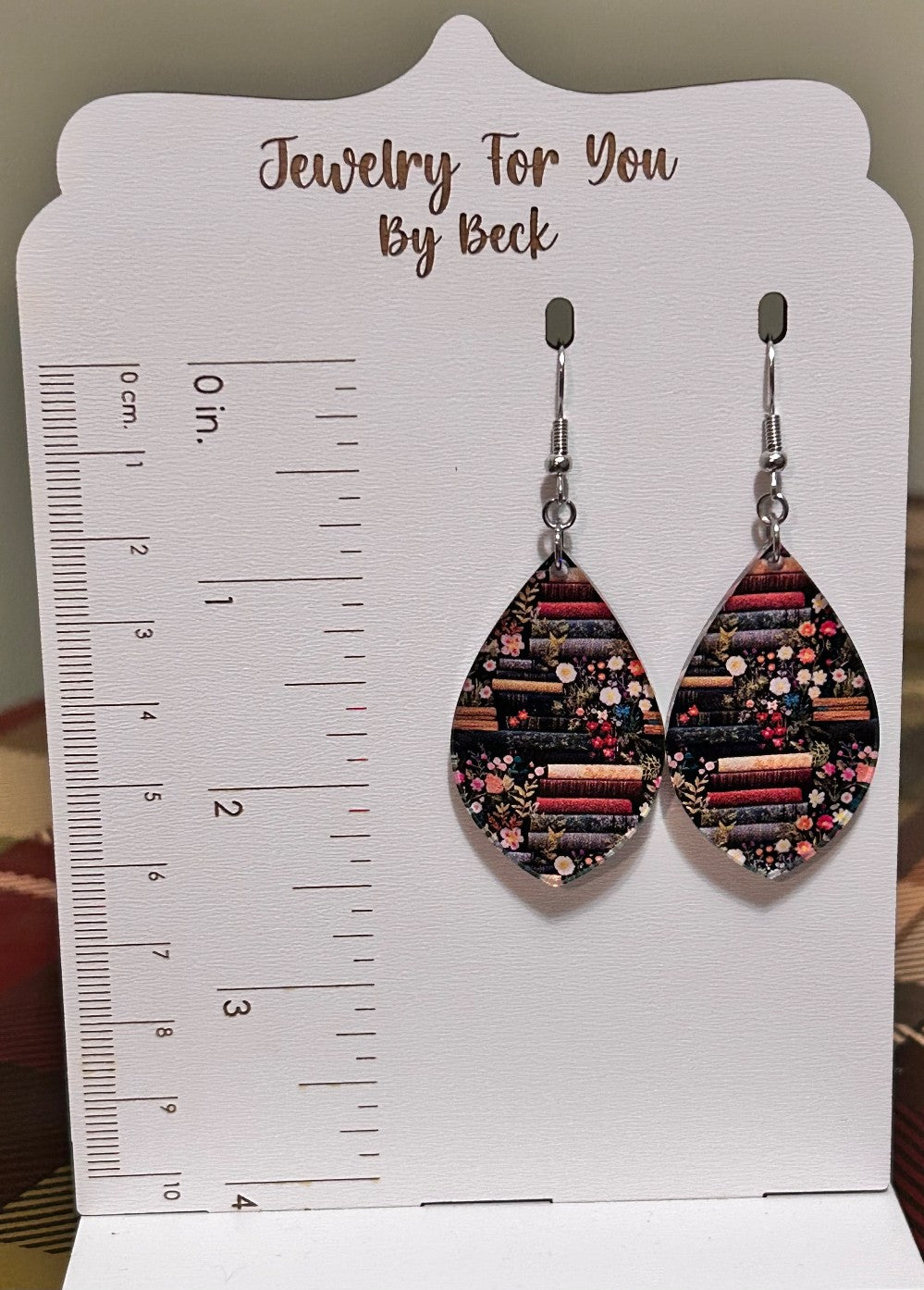 Books and Flowers Pattern Teardrop Dangle Earrings-Hypoallergenic and Nickel Free|3958