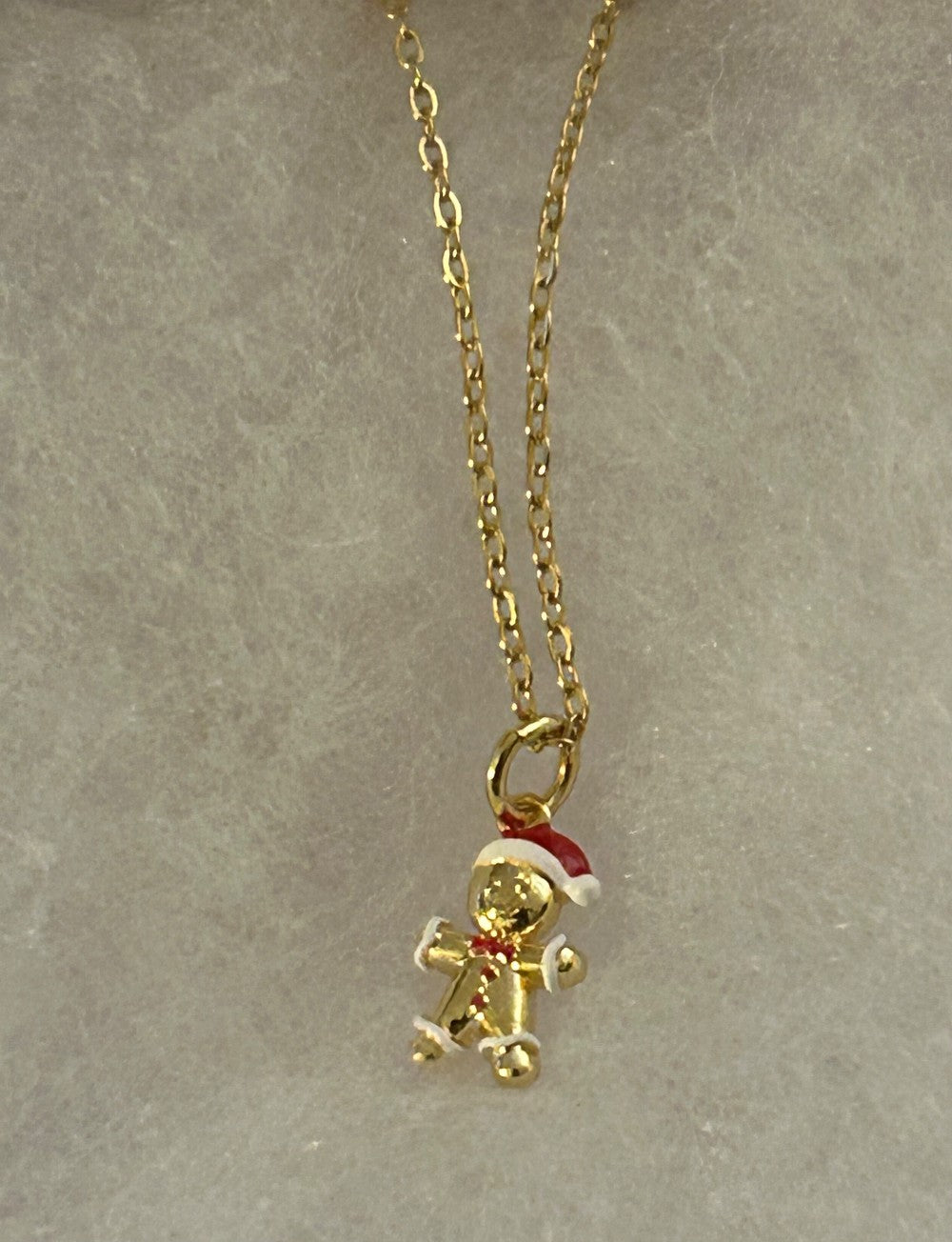 Gold Tone Gingerbread Man Necklace with Red and White Details ~18” Tarnish Resistant Stainless Steel Chain|1539