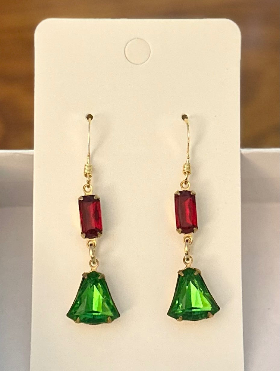 Vintage Inspired Ruby Red And Green Christmas Bells Earrings ~ Hypoallergenic & Nickel Free|968