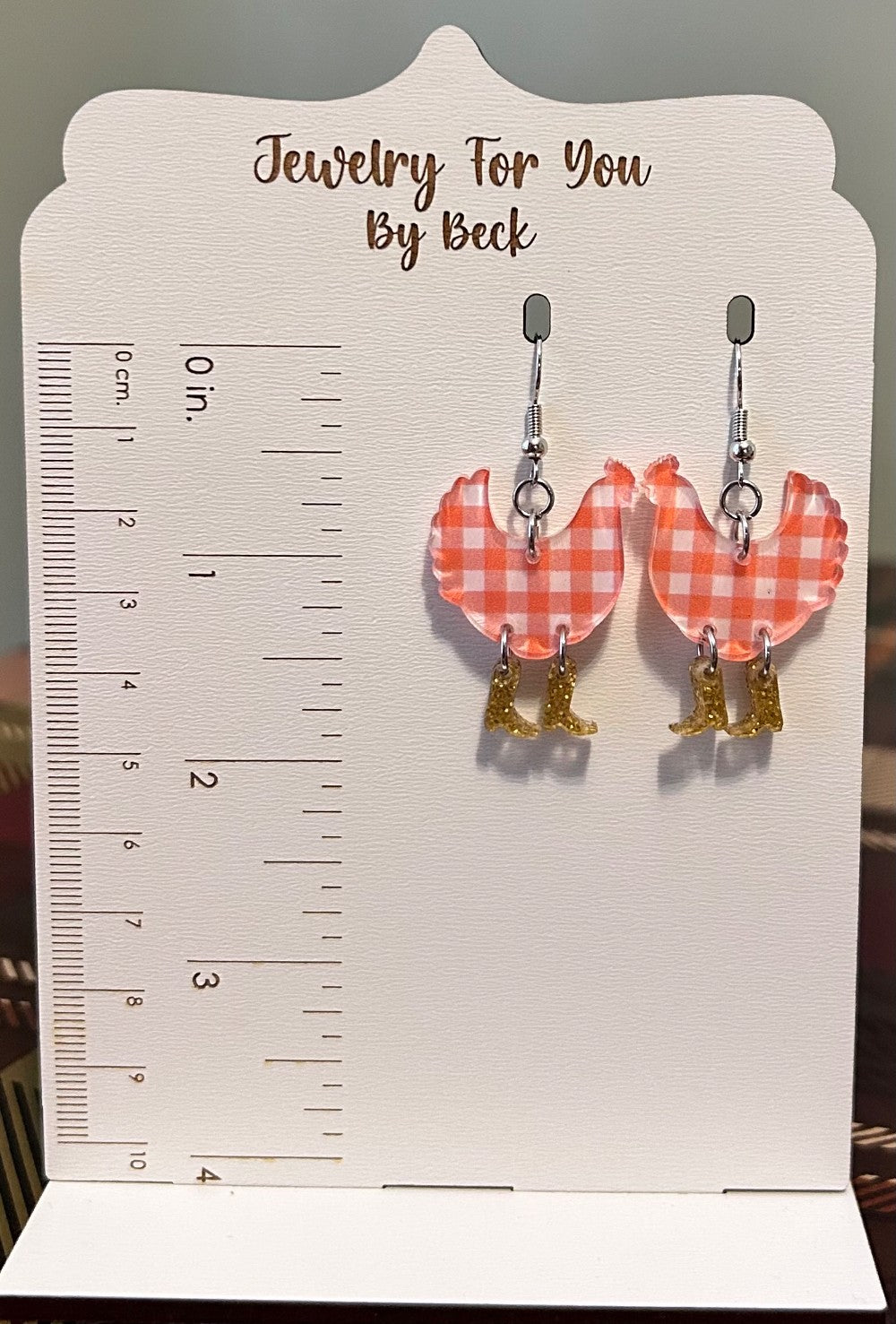 Fun Orange Gingham Chickens Wearing Little Yellow Glitter Boots-Dangle Earrings-Hypoallergenic and Nickel Free|3757