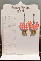 Fun Orange Gingham Chickens Wearing Little Yellow Glitter Boots-Dangle Earrings-Hypoallergenic and Nickel Free|3757