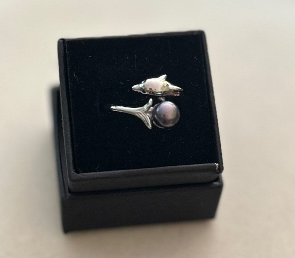 Dolphin Ring with a Freshwater Pearl ~ Adjustable Sterling Silver Setting|895