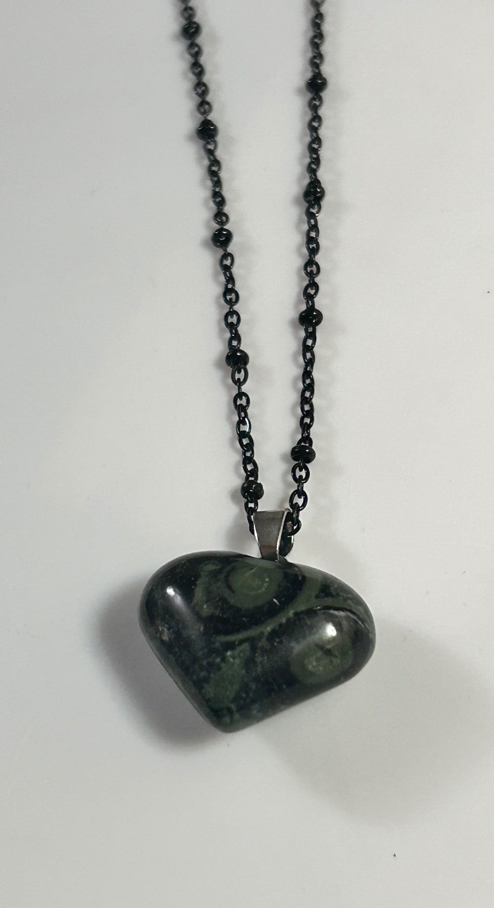 Kambaba Jasper Natural Stone Heart Pendant Dangles From A 24” Tarnish Resistant Black Stainless Steel Chain|3895