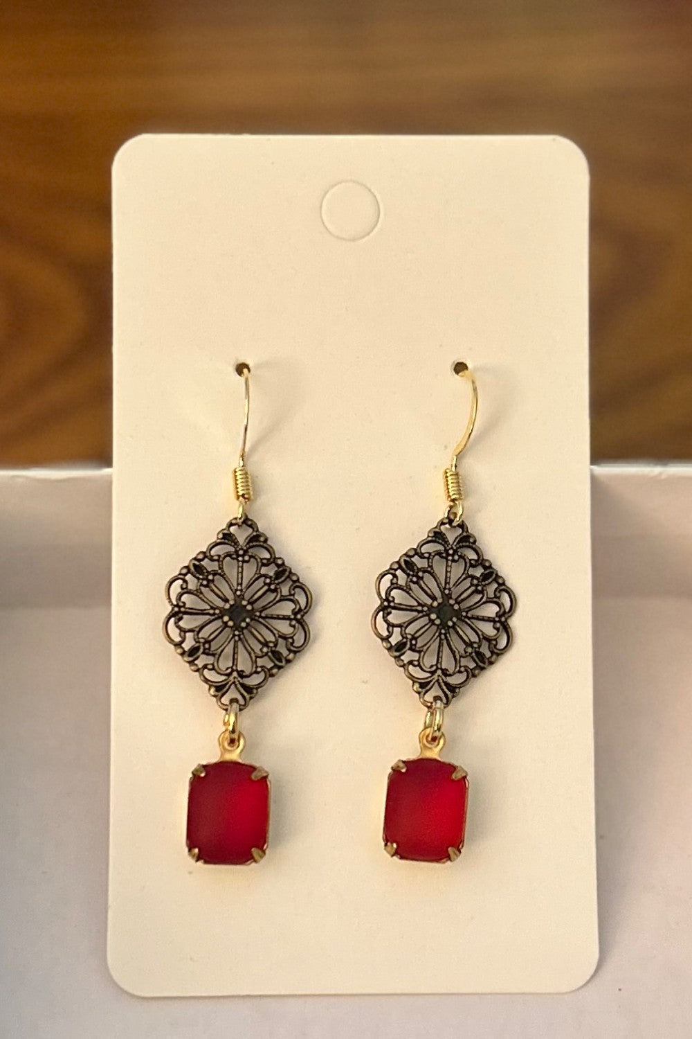 Vintage Inspired Frosted Ruby Red Earrings with Antique Brass Tone Floral Filigree Connectors ~ Hypoallergenic & Nickel Free|973