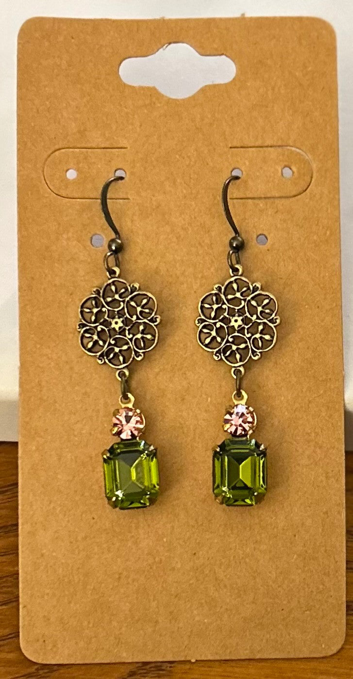 Vintage Stone Earrings ~ Vintage Olivine Green Octagon and Light Rose Rhinestone Drops~ Antique Brass Tone Floral Filigree Connectors ~ Hypoallergenic and Nickel Free|1366
