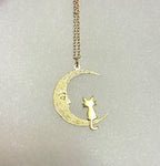 Sweet Kitty Sitting On A Crescent Moon-Gold Tone-18” Tarnish Resistant Stainless Steel Chain|3987
