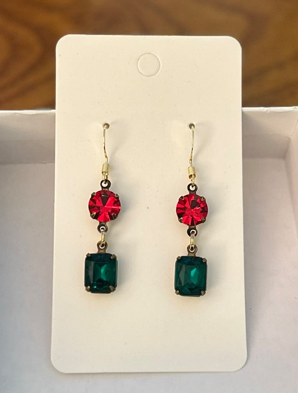 Vintage Inspired Ruby Red And Green Christmas Earrings With Round Red Faceted Stones And Emerald Green Octagon Stones ~ Hypoallergenic & Nickel Free|972