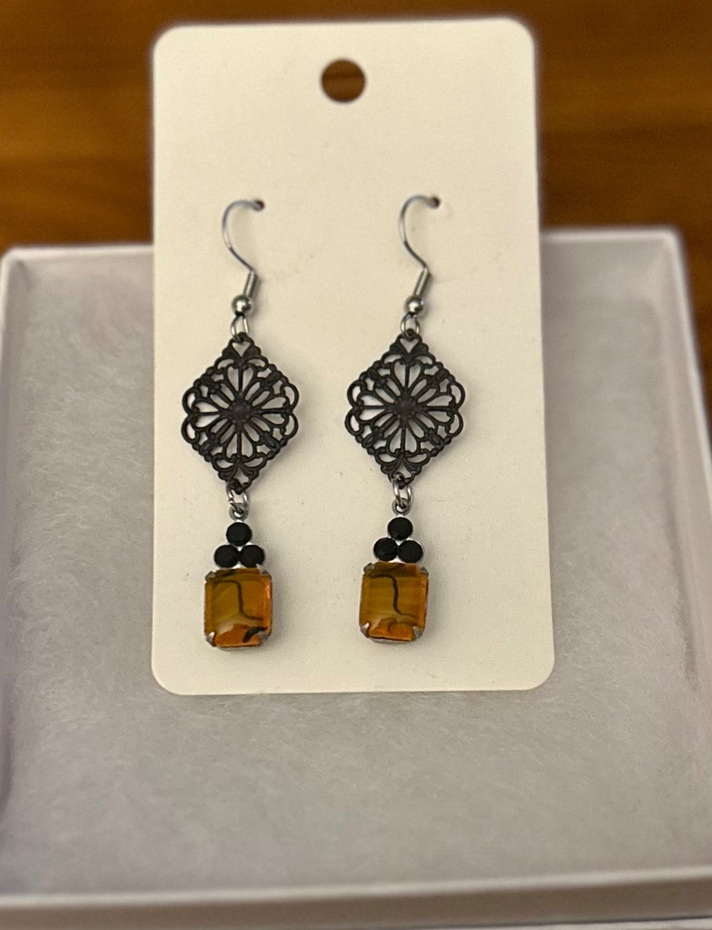 Vintage Transparent Orange and Black Octagon Earrings ~ Hypoallergenic & Nickel Free|954