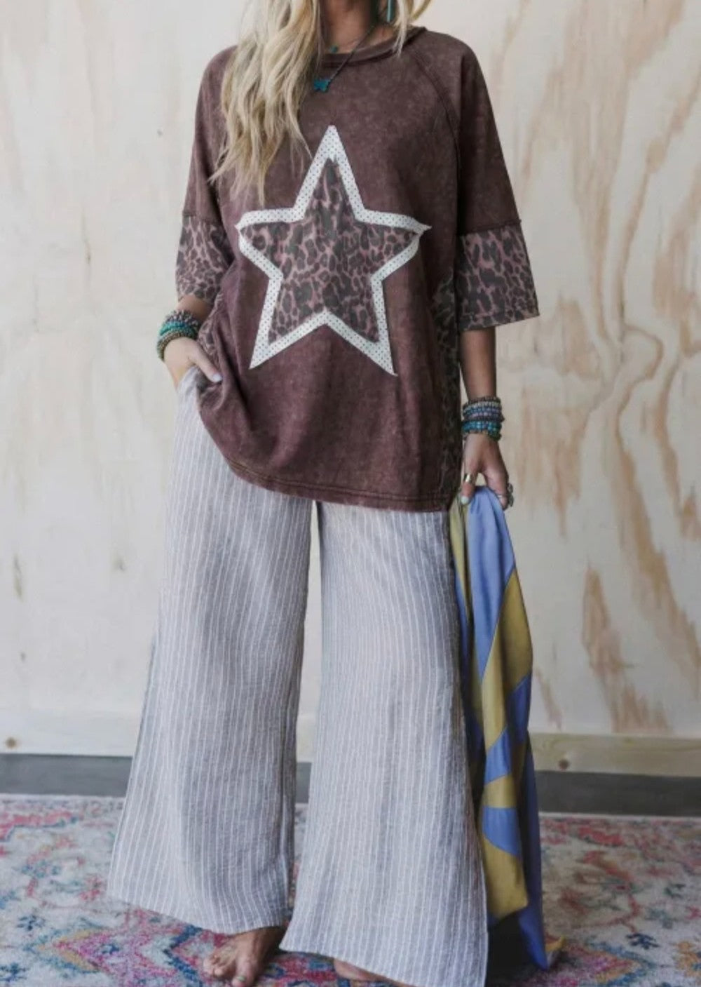 Coffee Mineral Wash Leopard Star  T Shirt|2996
