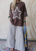 Coffee Mineral Wash Leopard Star  T Shirt|2996