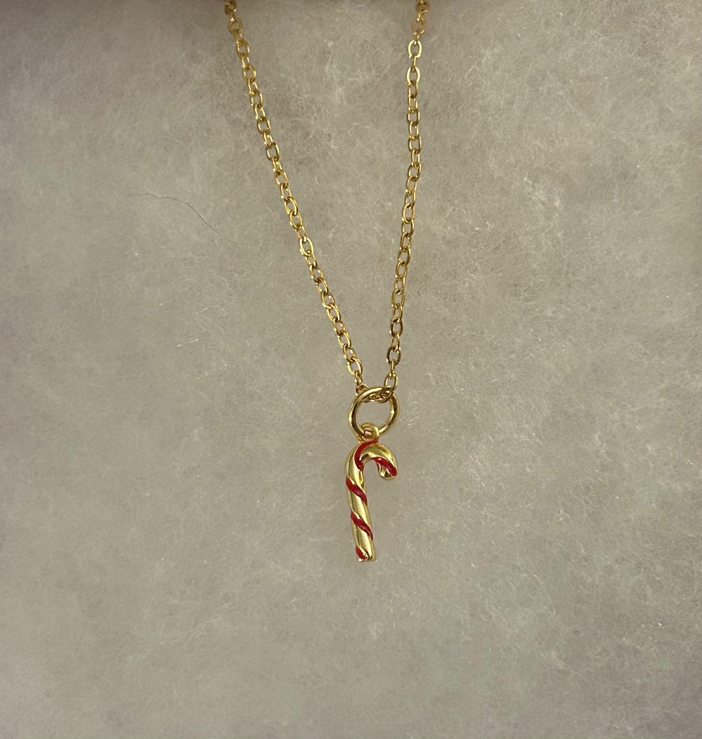 Tiny Candy Cane Necklace ~Gold Tone~ 18”~ Tarnish Resistant Stainless Steel Chain|1540