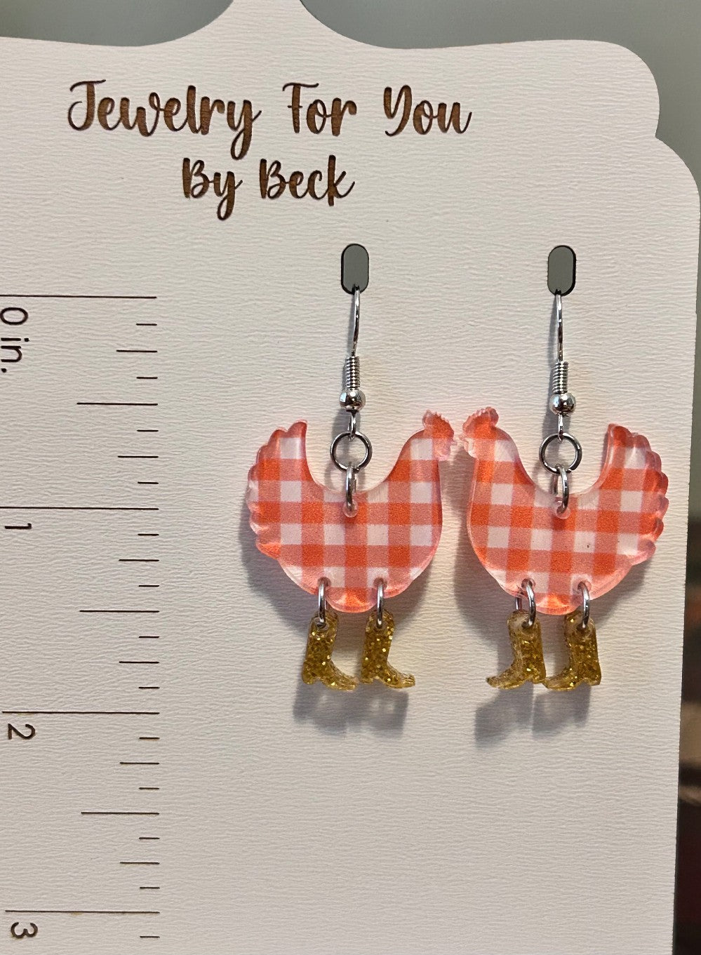 Fun Orange Gingham Chickens Wearing Little Yellow Glitter Boots-Dangle Earrings-Hypoallergenic and Nickel Free|3756
