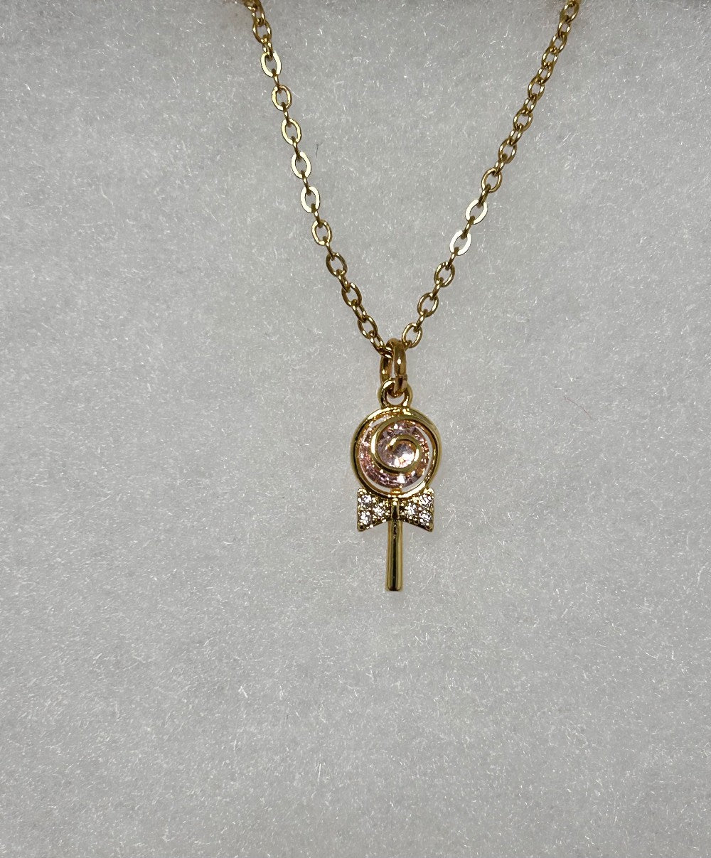 Pink Lollipop Pendant Necklace-Pastel Pink and Clear CZ Stones-18” Stainless Steel Tarnish Resistant Chain|3349