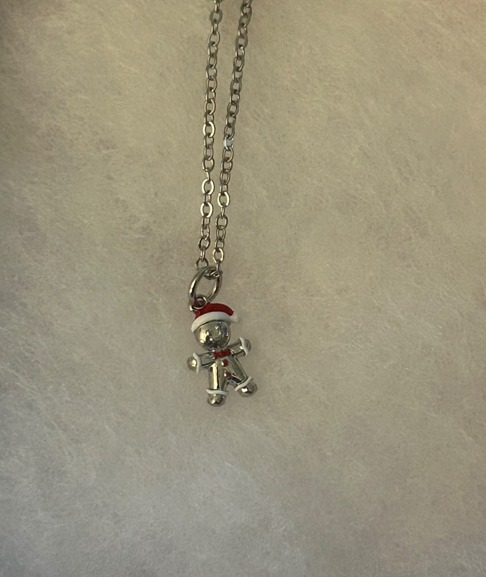 Silver Tone Gingerbread Man Necklace with Red and White Details ~18” Tarnish Resistant Stainless Steel Chain|1550