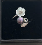 Floral Shell Ring ~ Sterling Silver setting ~ A Flower Made Of Shell ~ A Freshwater Pearl ~ A Leaf Filled With Tiny CZ Stones|906