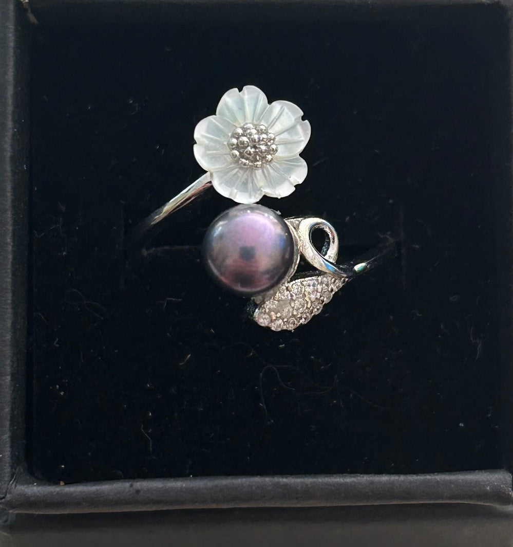 Floral Shell Ring ~ Sterling Silver setting ~ A Flower Made Of Shell ~ A Freshwater Pearl ~ A Leaf Filled With Tiny CZ Stones|906